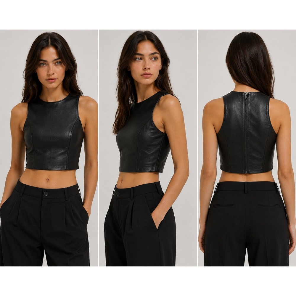 LITA by Ciara Black 100% Lamb Leather Crop Top High Neck XS NWT